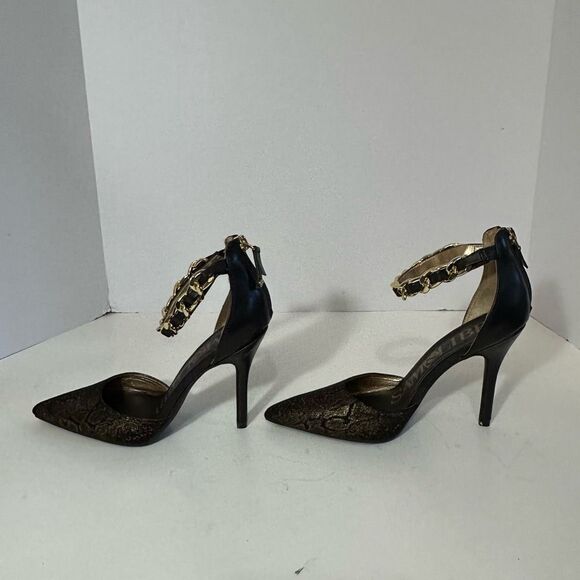 Sam & Libby Black Pointed-Toe Heels w/ Gold Chain Ankle Strap/Snakeskin embossed - Picture 11 of 16